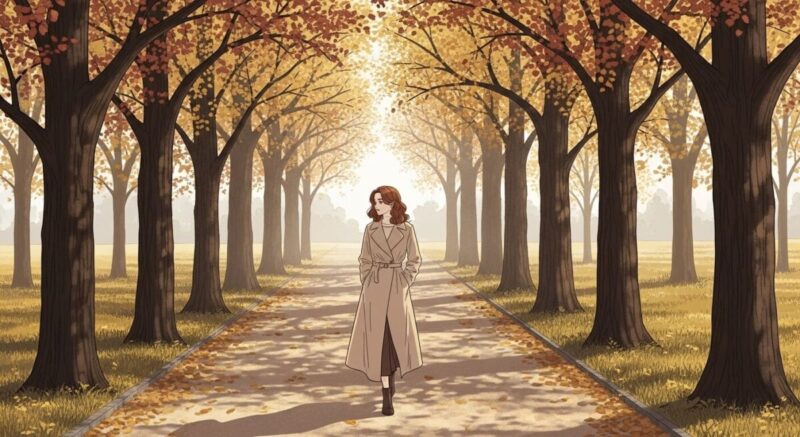 紅葉の並木道を静かに歩きながら時間と距離を置くことの意味を感じている女性