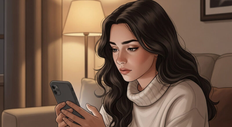 スマートフォンを手に、連絡するかどうか迷いながら悩む女性の表情