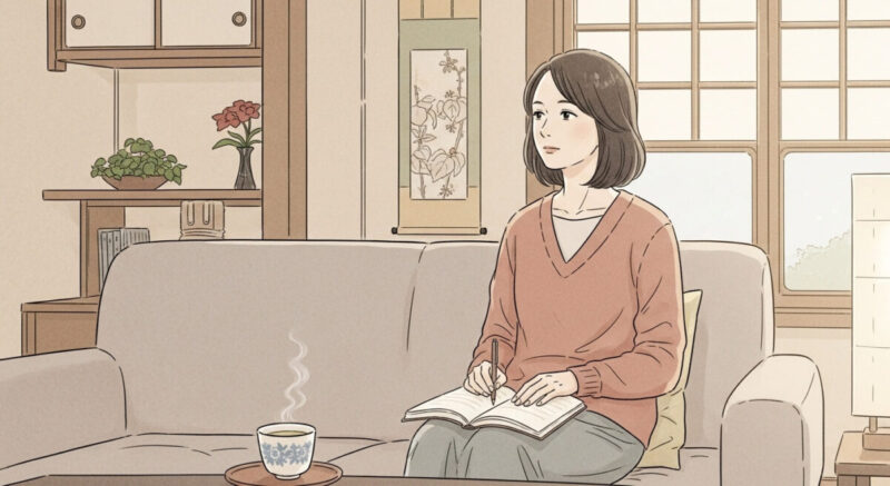 静かな部屋でソファに座り、心を落ち着かせながら内省する女性の繊細なイラスト。膝の上にはノート、横には温かい飲み物。