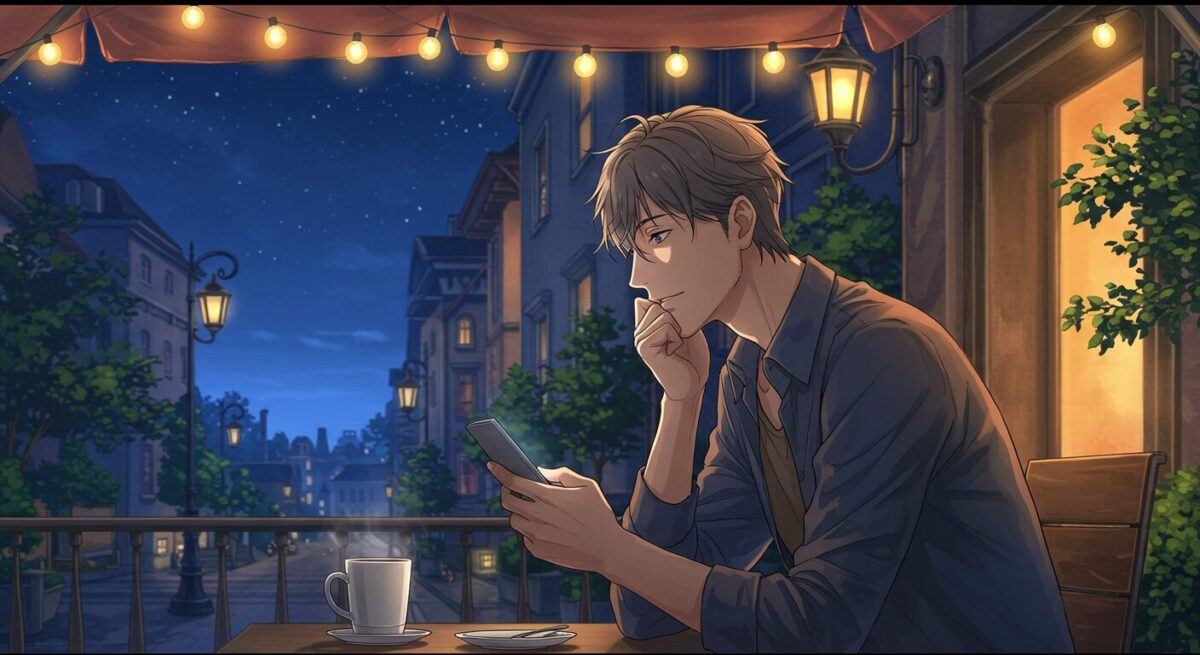 夕暮れのカフェでスマホを見つめる男性