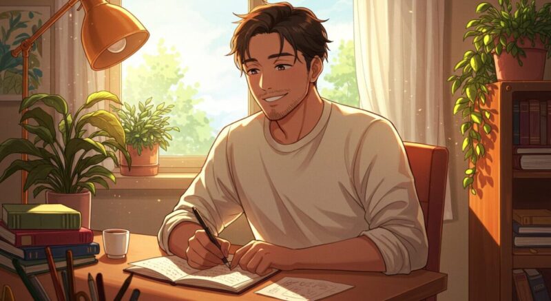 穏やかな表情で日記を書く男性のイラスト。自分の成長を意識しはじめた様子