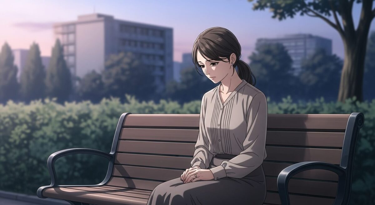 夕暮れの公園で一人静かに物思いにふける日本人女性