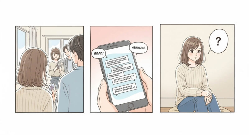 復縁が難しい典型的パターンを表す複数シーンのイラスト(新しい恋人・未読のメッセージ・孤独)