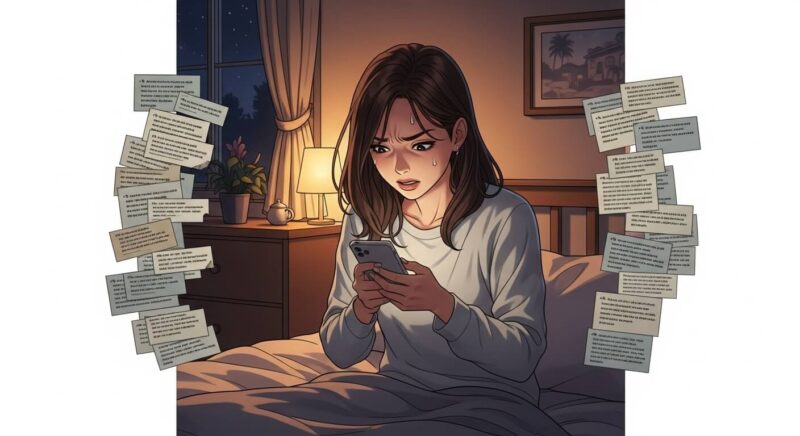 夜の部屋でスマホに繰り返しメッセージを送る日本人女性の感情的
