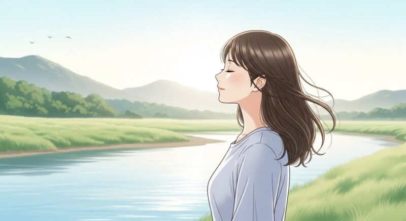 朝の河川敷で目を閉じて前向きに深呼吸する日本人女性
