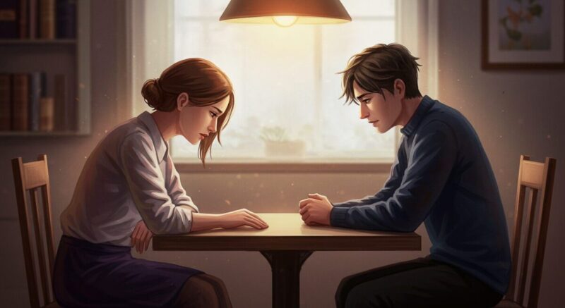 謝罪を通して元恋人と向き合い始める女性の姿を描いた落ち着いたイラスト