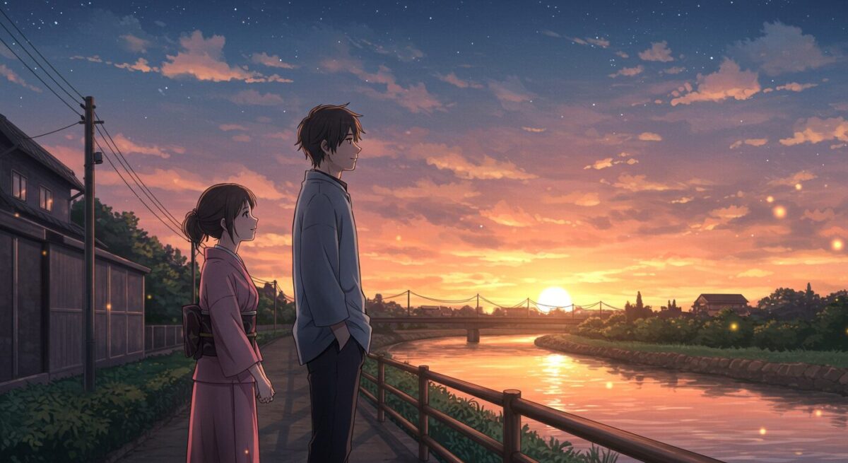 夕暮れの川沿いに立つ男女のイラスト。距離を保ちながらもお互いを想う繊細な空気が漂う。