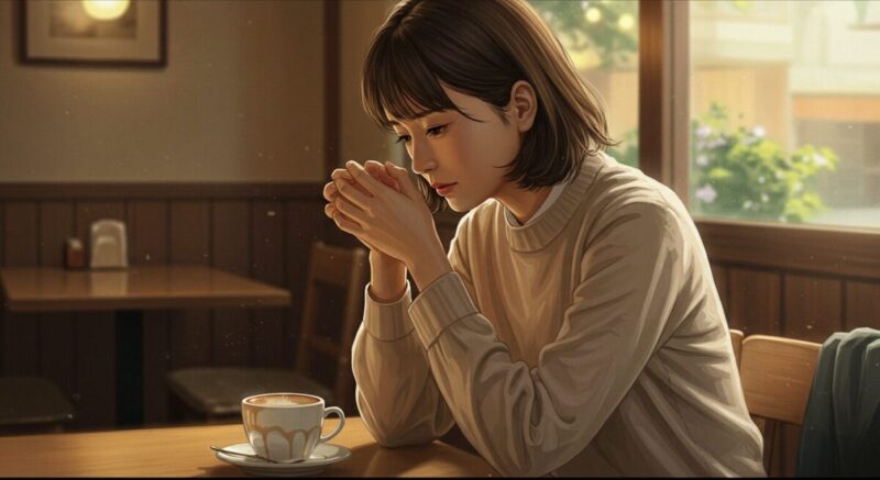 カフェで手元を見つめる女性のイラスト。復縁後の関係に迷いながらも静かに自分の気持ちと向き合う様子。