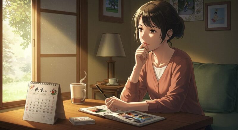 カレンダーとアルバムを前に考え込む女性のイラスト。期間の数え方を悩むリアルな心情を表現。