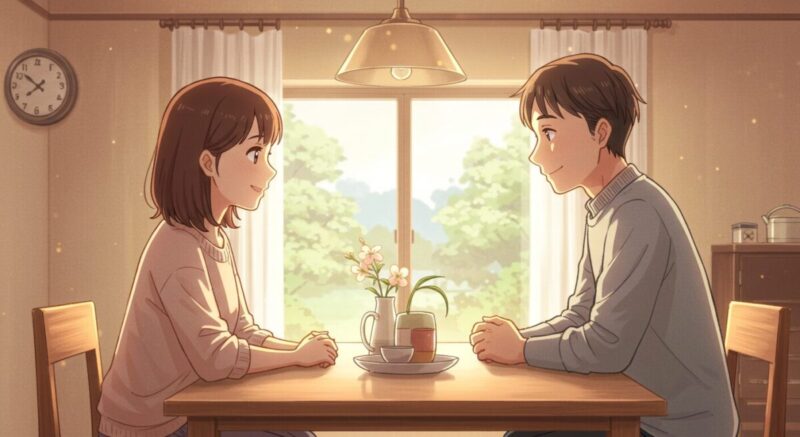 家庭の食卓で向き合い、笑顔で会話するカップルのイラスト。数え方を前向きに共有するやさしい雰囲気。