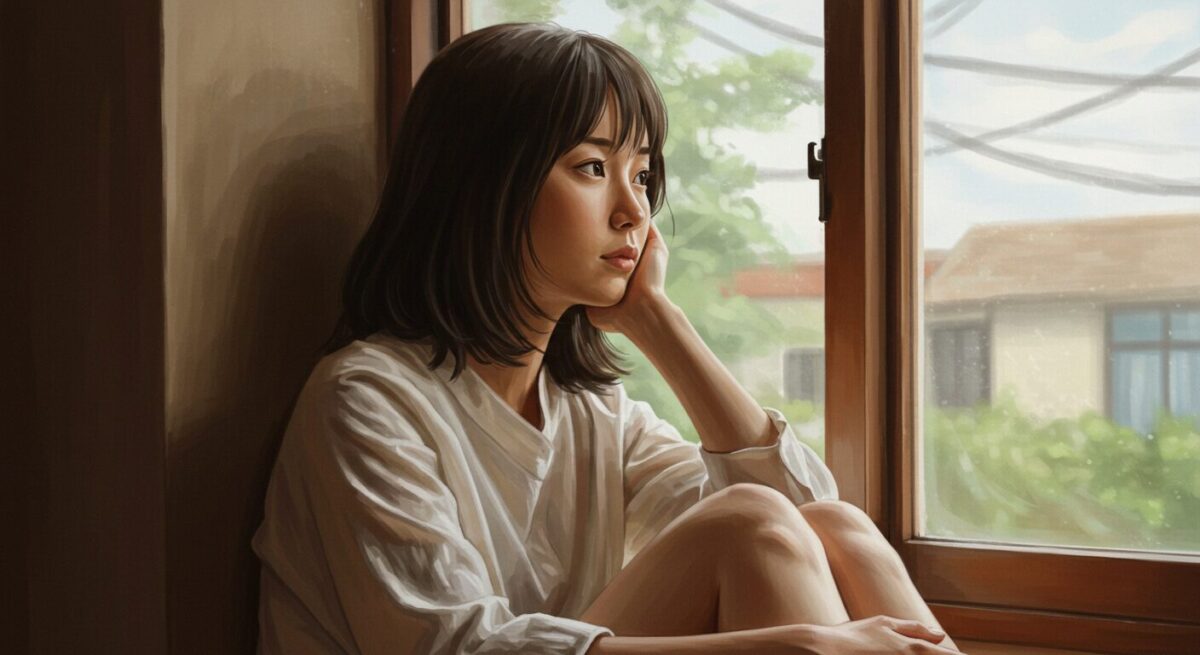 窓辺に座って物思いにふける日本人女性