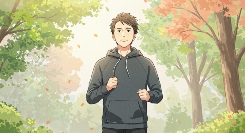 朝の光の中でジョギングをする男性の前向きな印象
