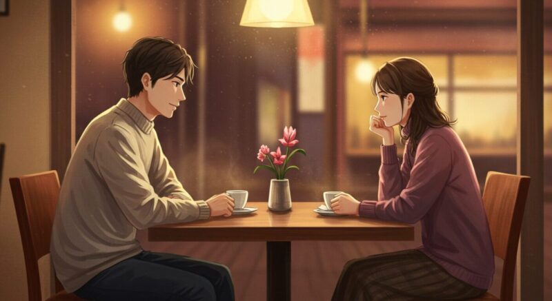 カフェで穏やかに会話をする男女の友人関係