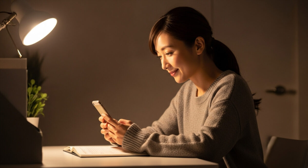 スマートフォンを見ながら穏やかに微笑む日本人女性