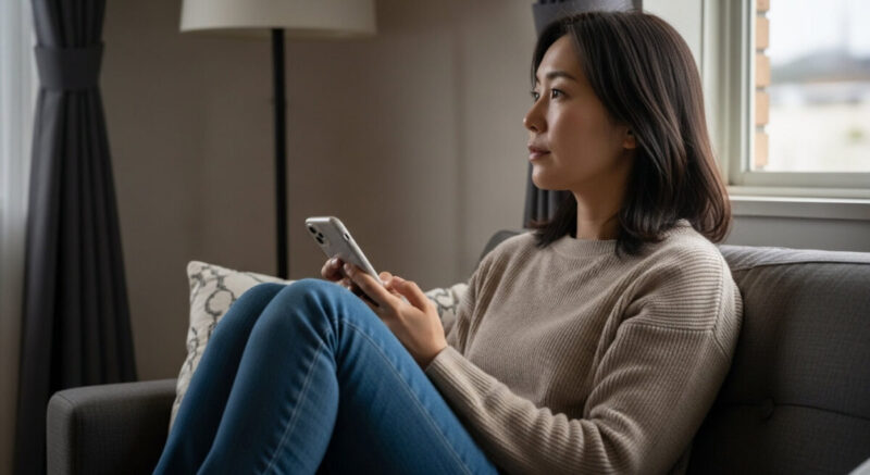 LINEを送る前に悩む日本人女性が窓の外を見つめている様子