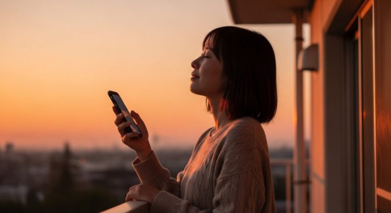 スマホを手に持ち、タイミングを考える日本人女性のイラスト(夕暮れのバルコニー)