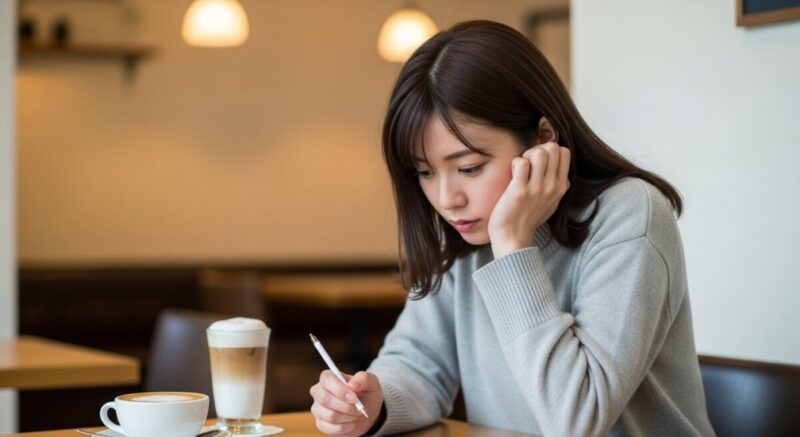 カフェでLINEメッセージを打ち始める日本人女性