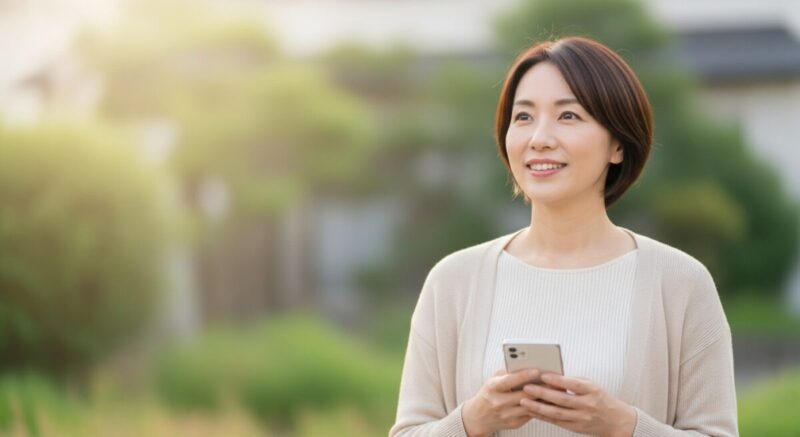 前向きな気持ちでLINEを送る日本人女性