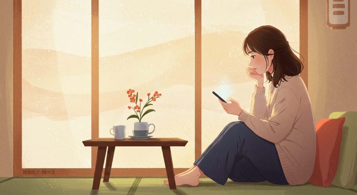 スマートフォンを見つめる落ち着いた表情の女性