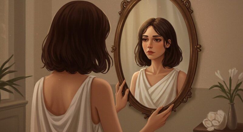 変化を見つめ直すように鏡を見る女性