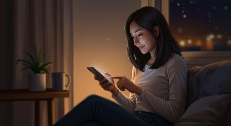 LINEの返信を見て静かに微笑む女性