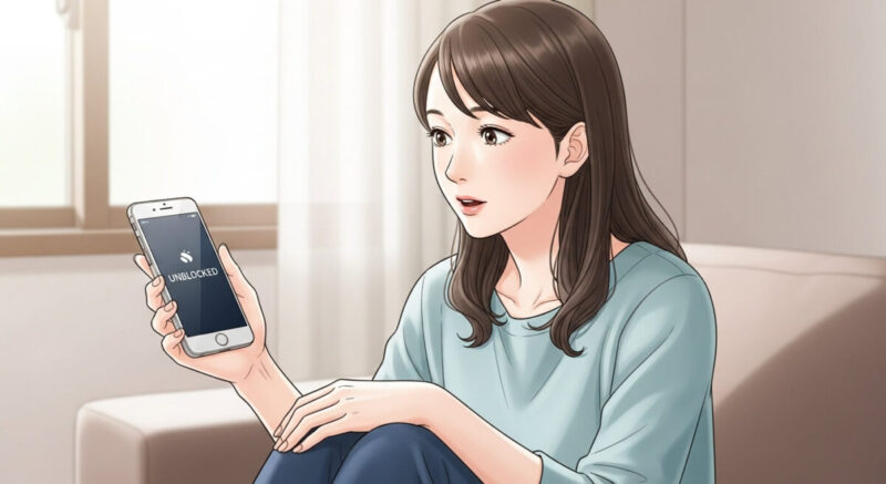 スマホを見つめながらブロック解除に気づいた日本人女性の
