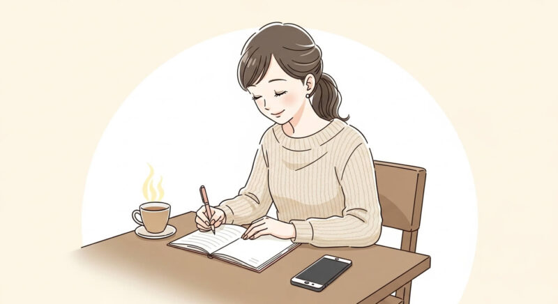 自身の体験を思い返しながら日記を綴る日本人女性