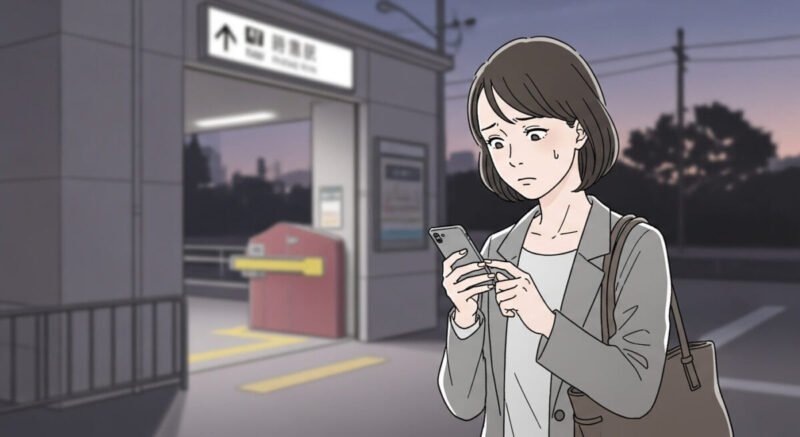 復縁の障壁に悩む女性がスマホを手に立ち尽くす
