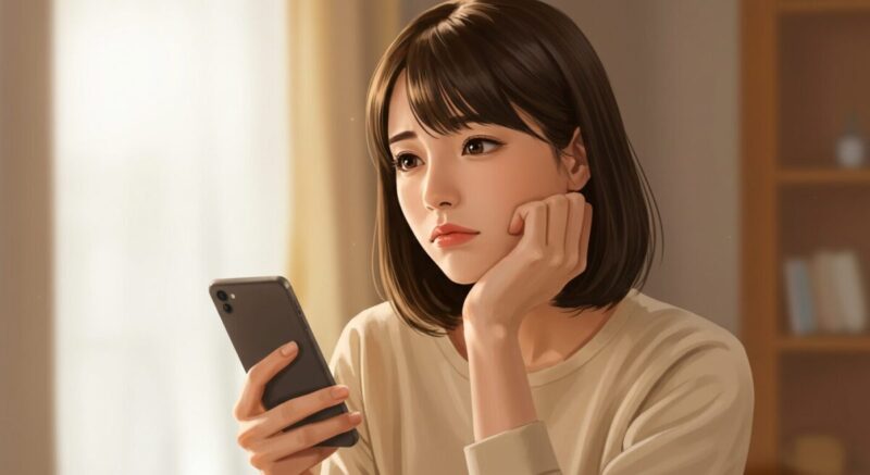スマホを操作しながら不安げな表情を見せる女性