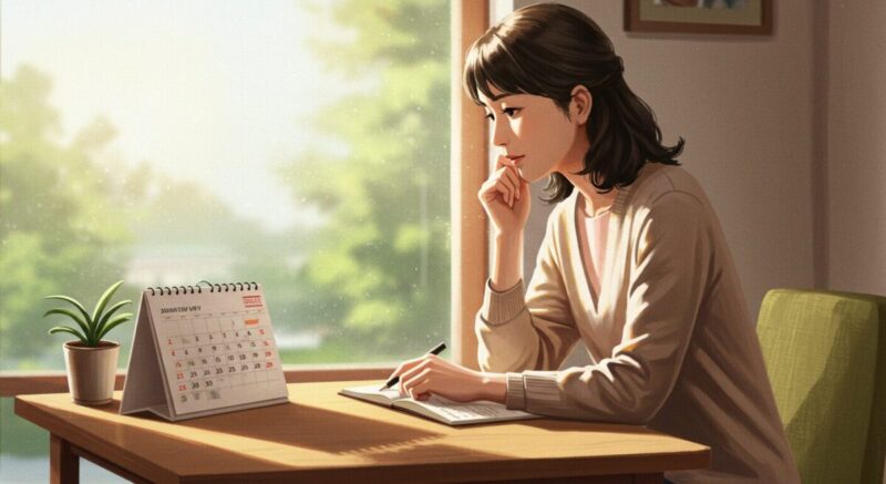 カレンダーを見ながら冷静に予定を考える女性
