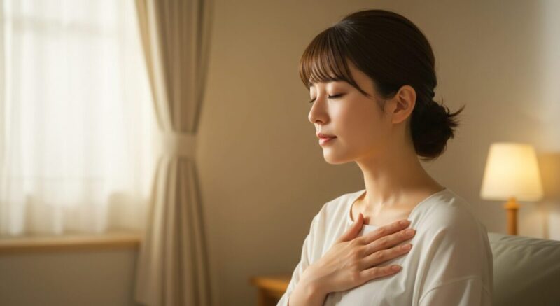 胸に手を当てて深呼吸し心を落ち着ける女性