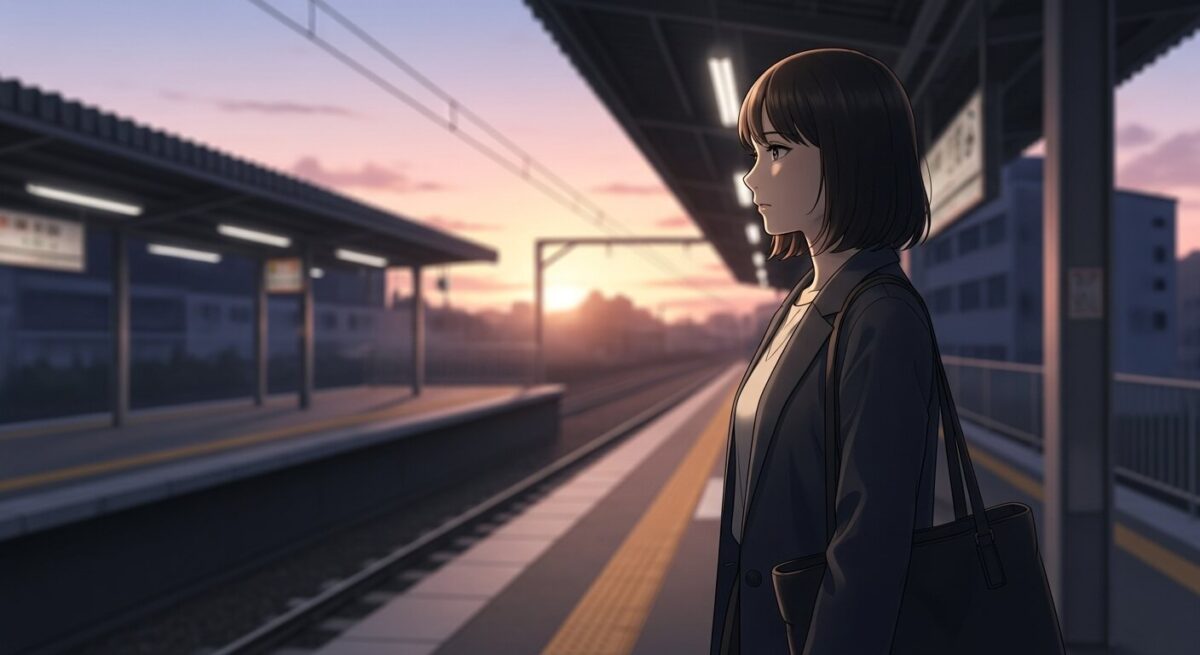 夕暮れの駅のホームで遠くを見つめる日本人女性