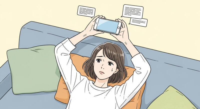 ソファでスマホを見上げる姿勢のまま悩む日本人女性