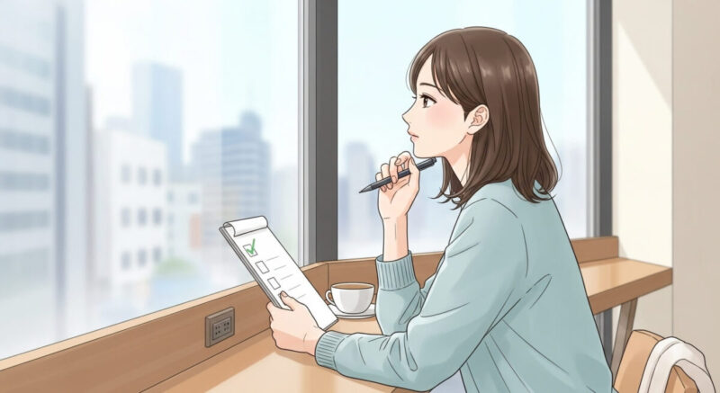 カフェで復縁チェックリストを見つめる日本人女性