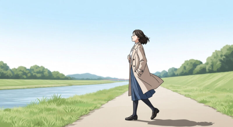 春の河川敷を前向きな表情で歩く日本人女性