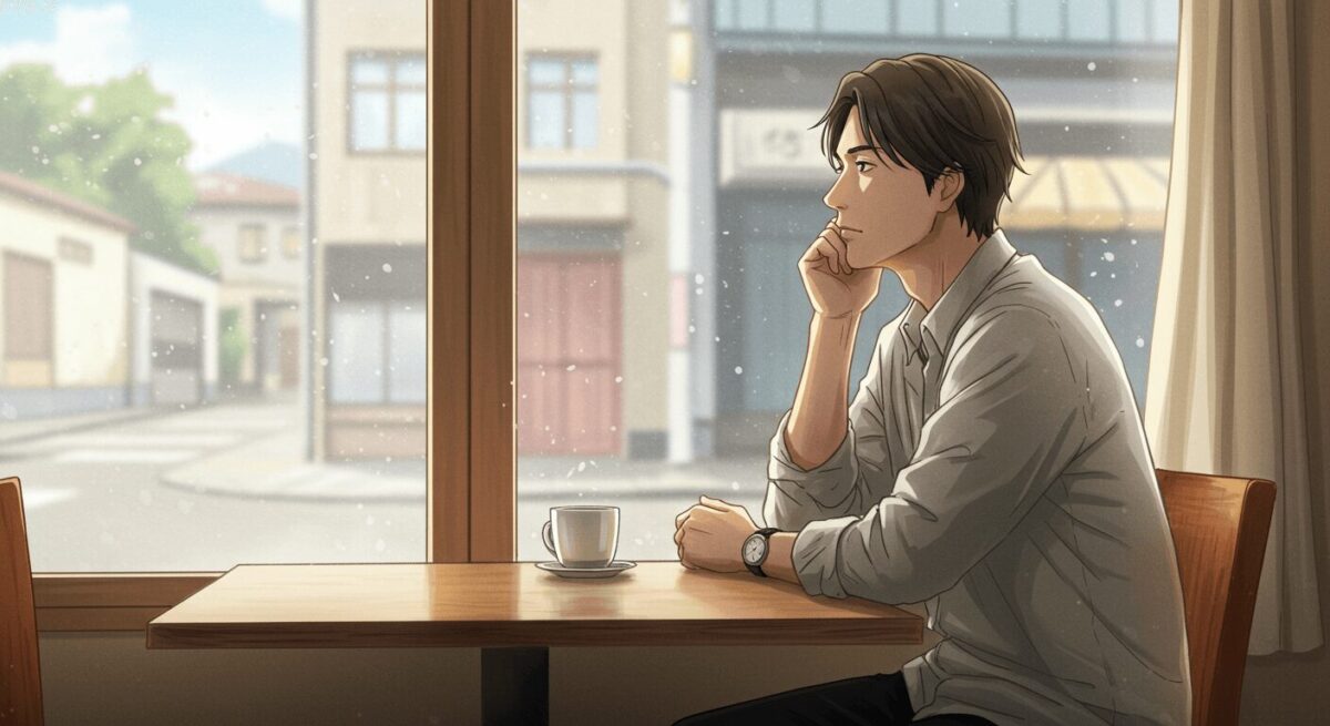 カフェの窓際で物思いにふける男性