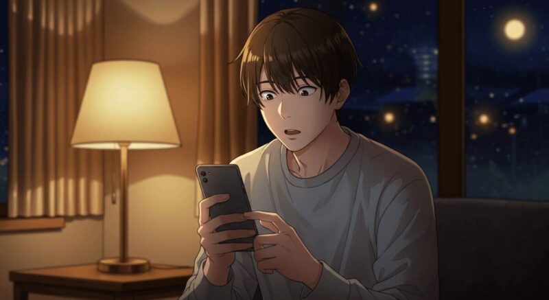 スマホの画面を見て微笑む男性の落ち着いた室内