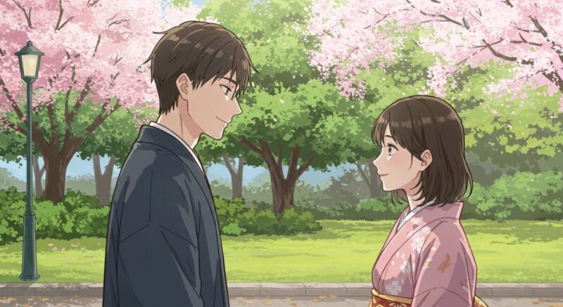 公園で再会する男女が微笑み合う