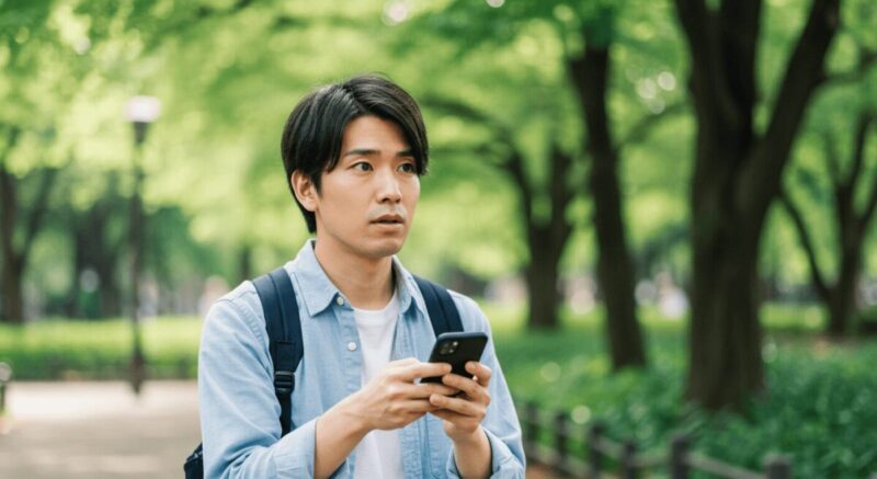 公園でスマホを操作しながら元カノの近況を気にする男性