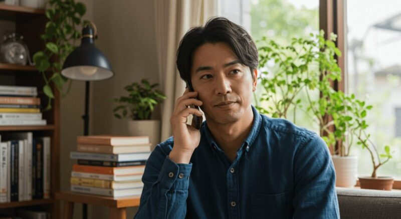 電話をしながら丁寧に話す男性の落ち着いた雰囲気