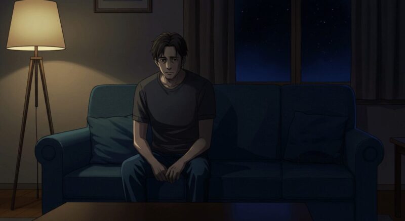 夜の部屋で迷いの表情を見せる男性