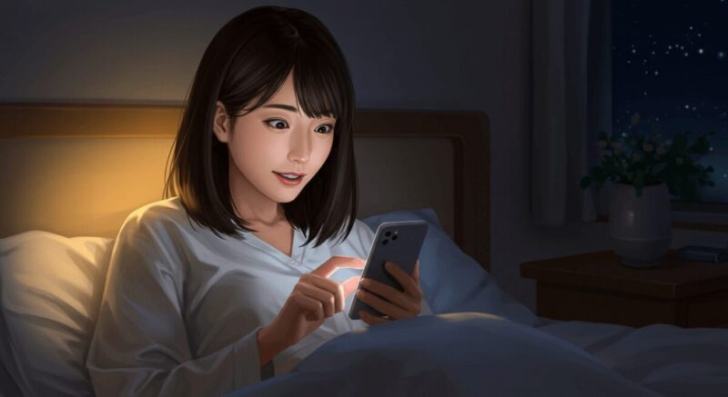 スマートフォンを見つめながら微笑む女性の夜の部屋