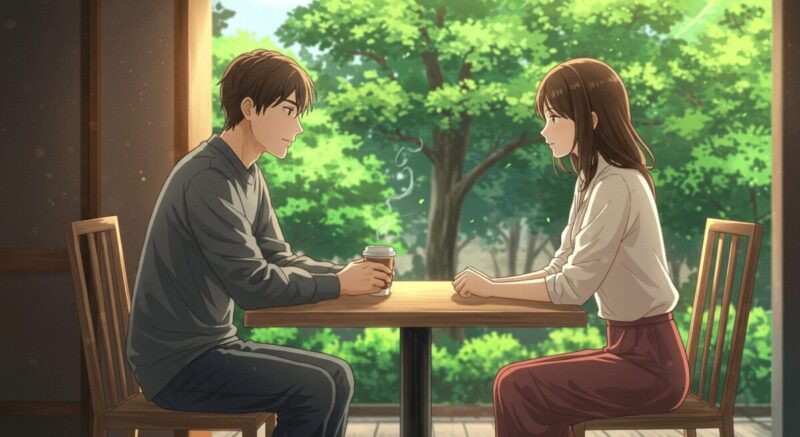 カフェで向かい合い話す男女の穏やかな雰囲気