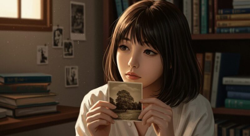 思い出の写真を見つめる女性の静かな室内