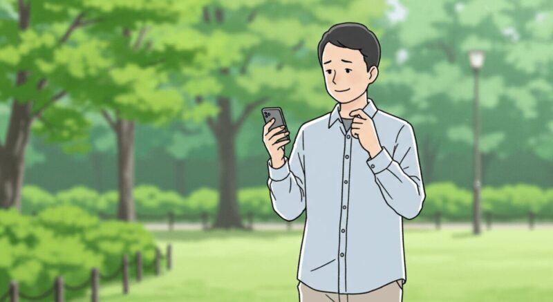 スマホを見ながら考え込む男性の静かな公園