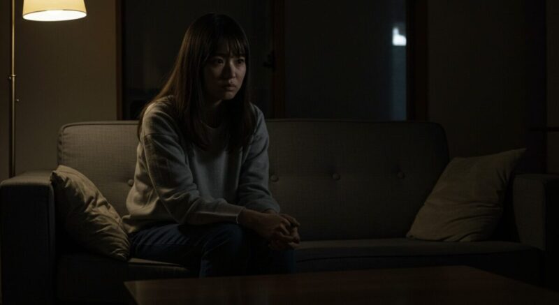 夜の部屋でひとり考え込む女性の慎重な表情
