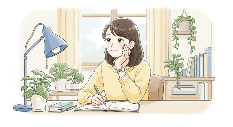 復縁の願いをノートに書き出しながら考える日本人女性