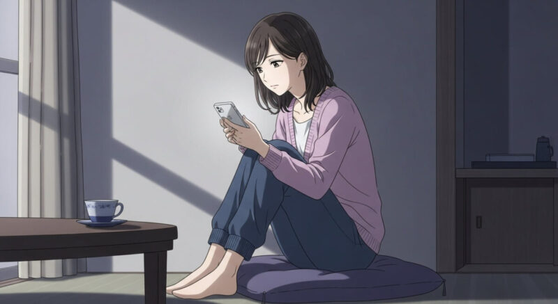 復縁のための連絡を考えながらスマートフォンを見つめる日本人女性