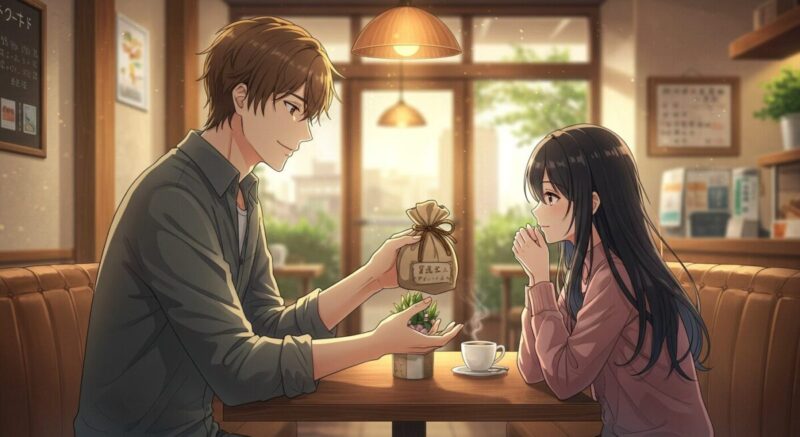 カフェで女性にさりげなくプレゼントを渡す男性