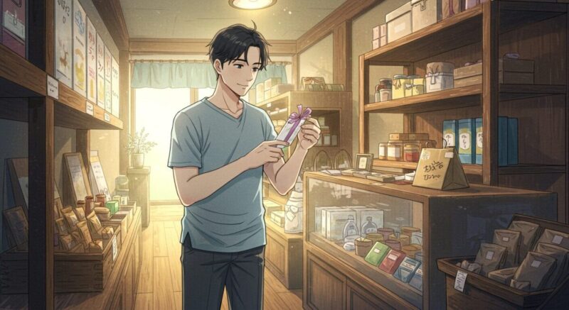センスの良い小物店でプレゼントを選ぶ男性